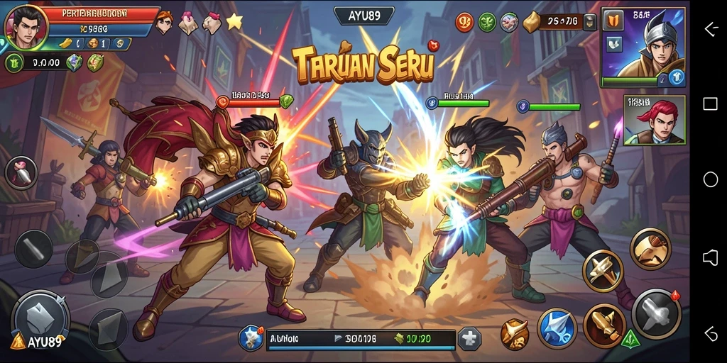 Screenshot gameplay AYU89 menunjukkan pertarungan yang dinamis dan karakter beragam.