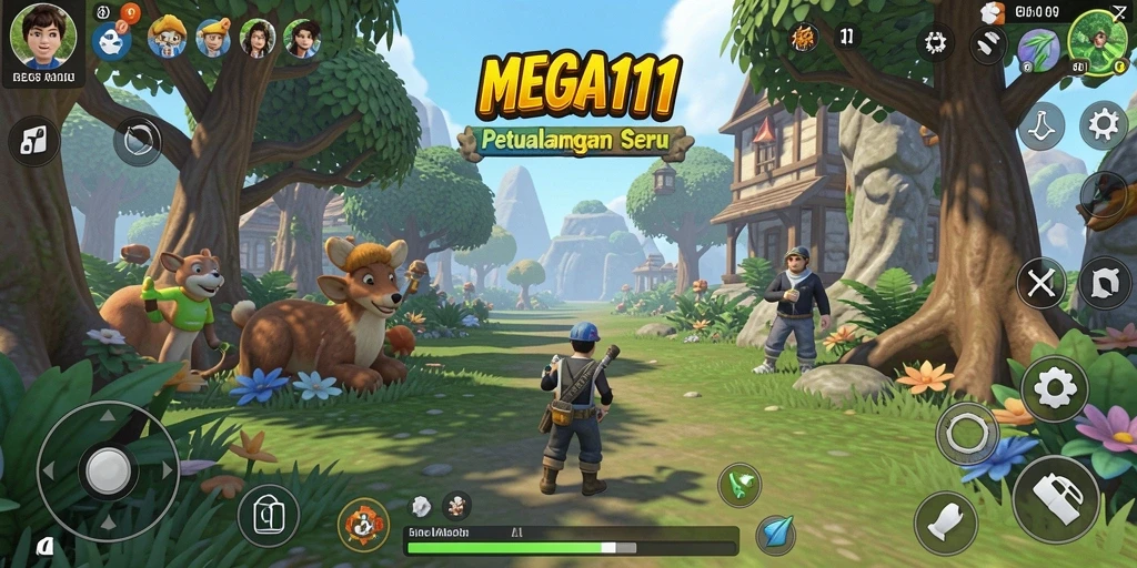 Tampilan gameplay MEGA111 yang penuh warna dan menyenangkan.