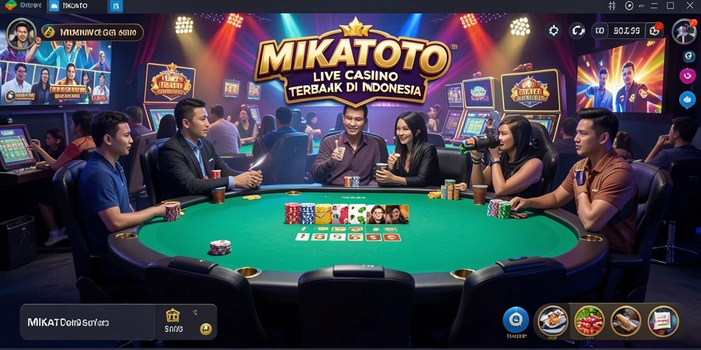 Screenshot gameplay MIKATOTO menampilkan dealer profesional dan suasana kasino yang nyata.