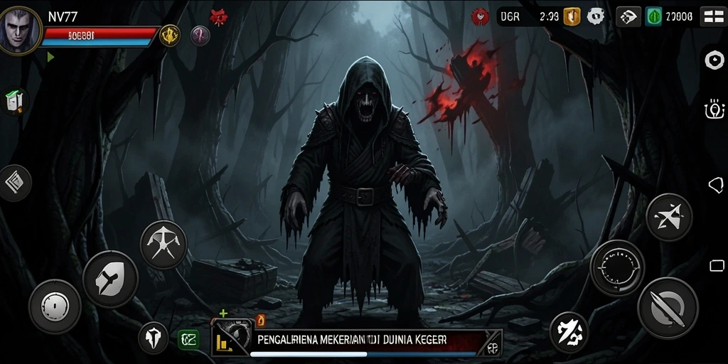 Gameplay NV77 menunjukkan karakter berjalan di lokasi angker yang menyeramkan.