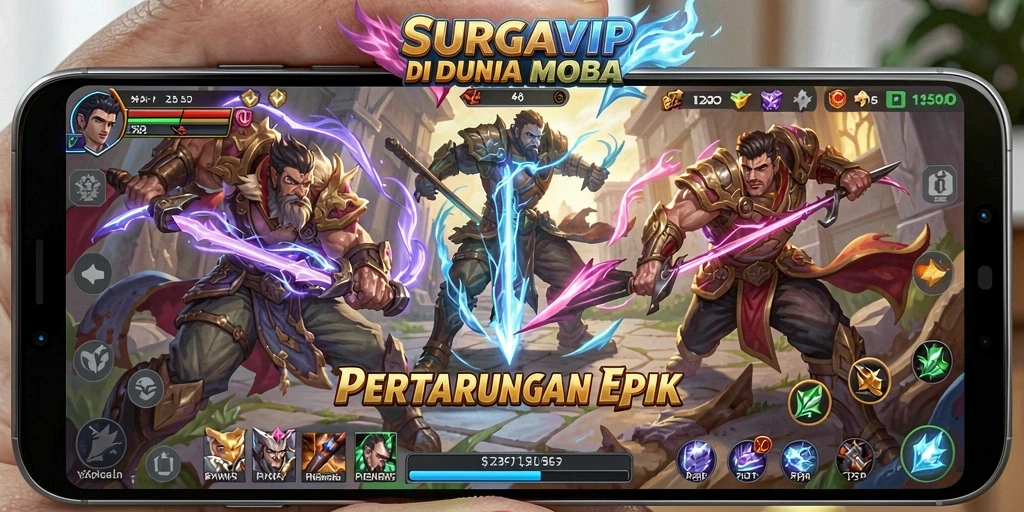 Tampilan gameplay seru dari SURGAVIP dalam arena MOBA.