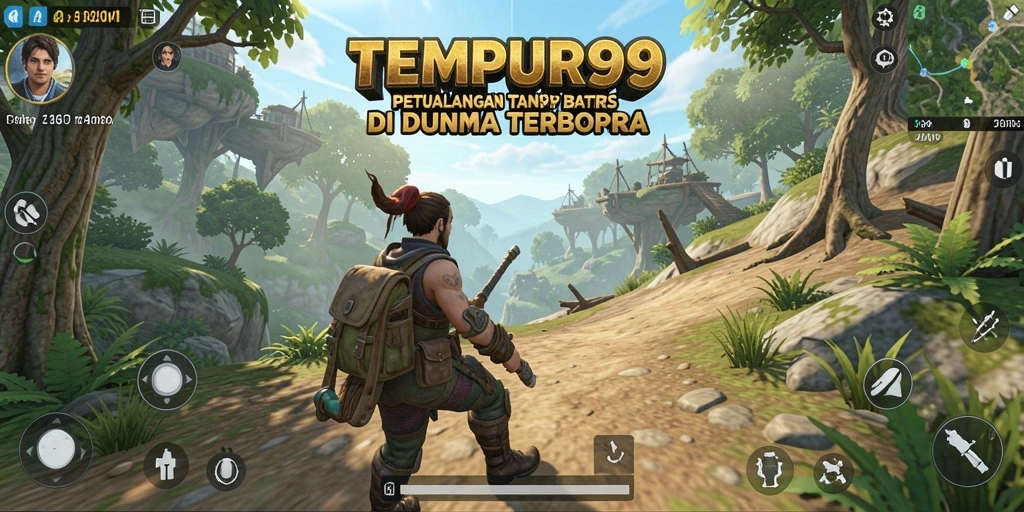 Screenshot utama TEMPUR99 menampilkan petualangan seru di dunia terbuka.